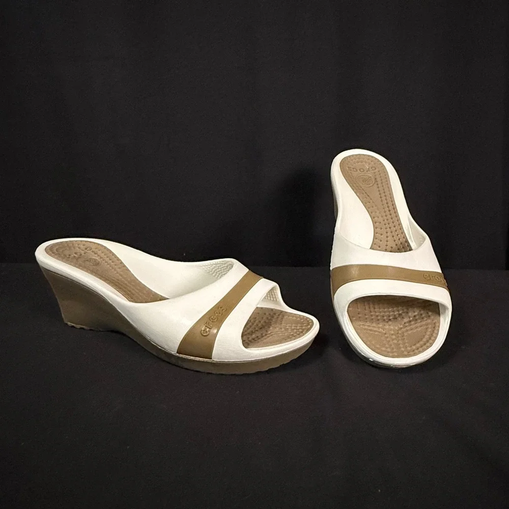Crocs Sassari Wedge Slide Sandals Slip On Mules Heels White Tan Khaki Womens 10